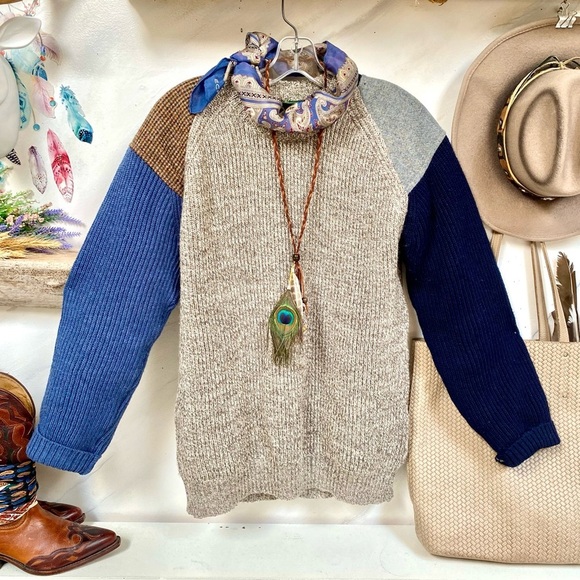 Woven in Scotland patchwork boho tweed wool sweater w equestrian farmhouse vibe - Picture 6 of 14